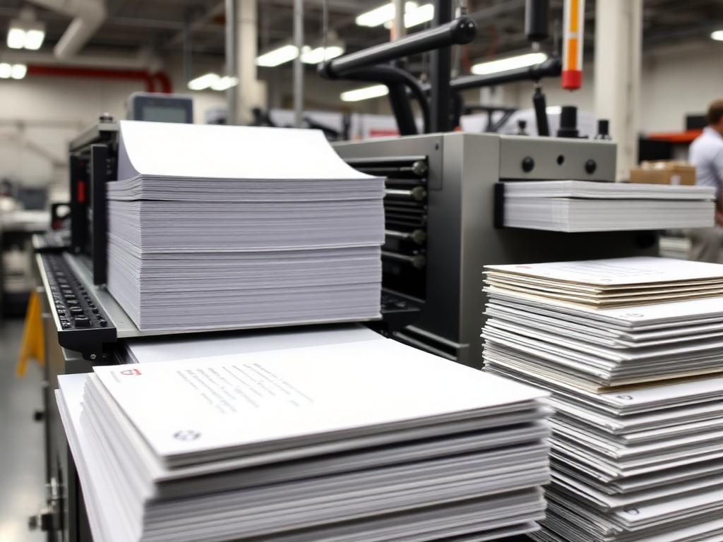 Bindery finishing line with stacks of printed booklets