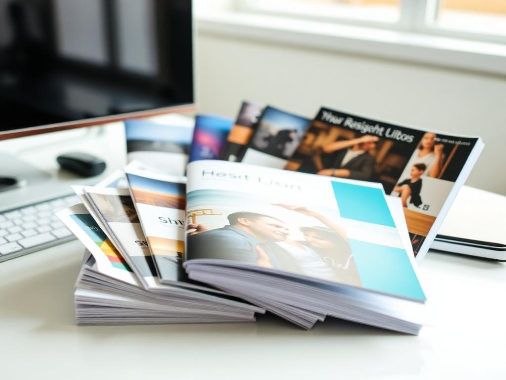 Printed brochures and catalogs fanned out on a desk